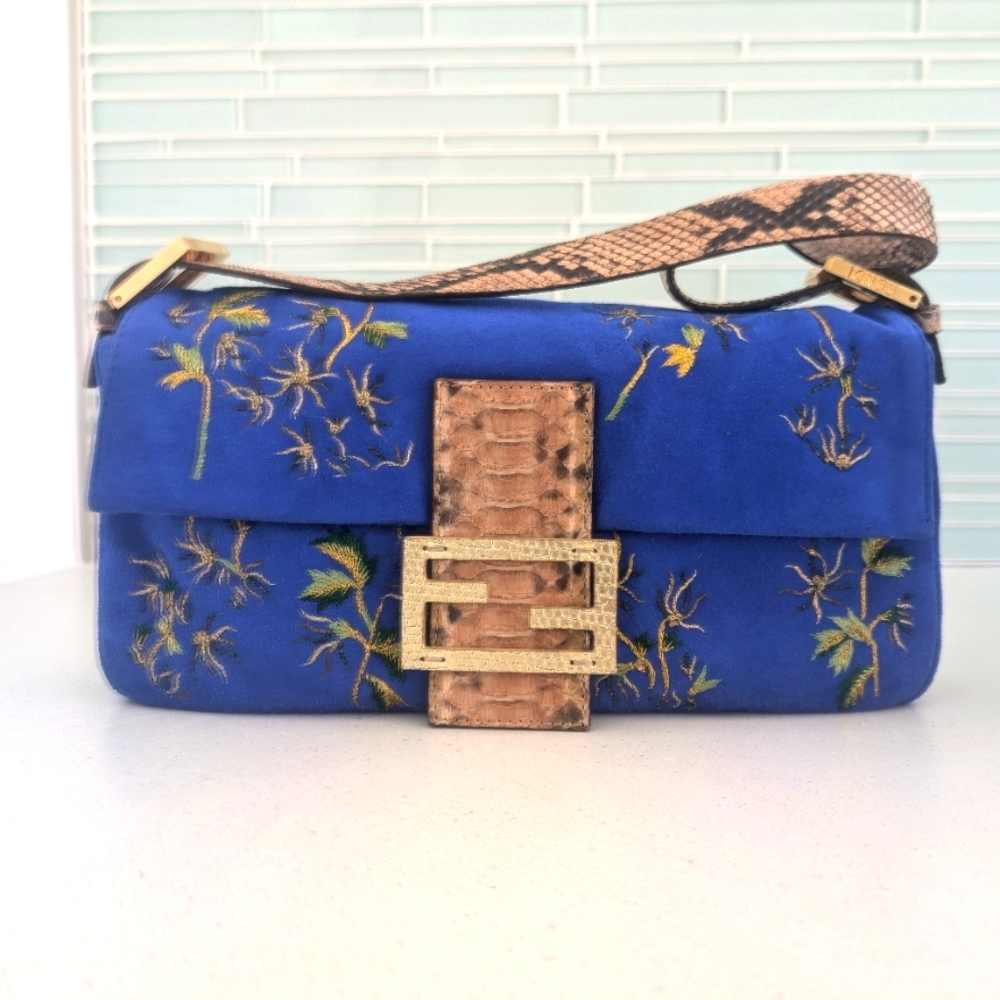 Fendi Vintage Blue Embroidered Bag with Snake Print Strap